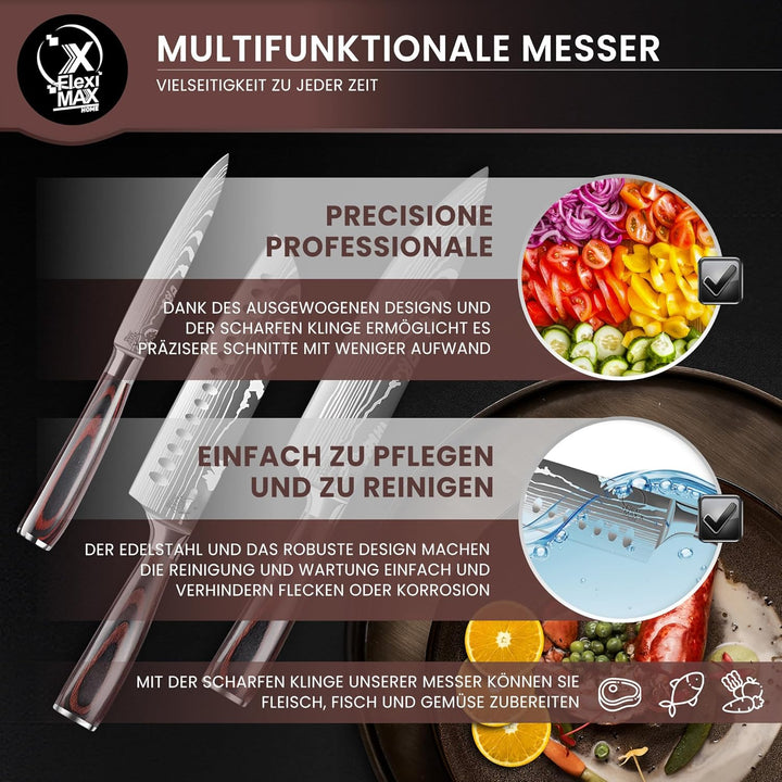Küchenmesser Set von Küchenmessern: Chefmesser 8”, Santoku Messer 7”, Allzweckmesser 5” und Kartoffe