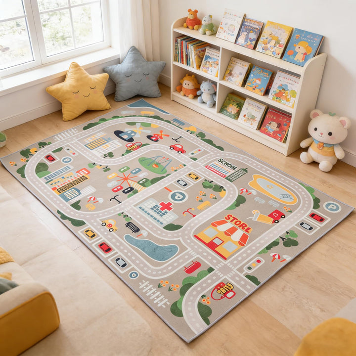Autoteppich Spielteppich Strasse, Kinderteppich Jungen Strassenteppich, Bauteppich Fahrzeug Teppich