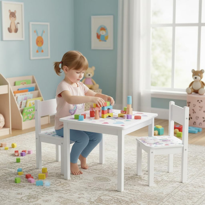 Leomark Kindertisch und 2 Stühle aus Holz Weiss YETI, Kinder Sitzgruppe