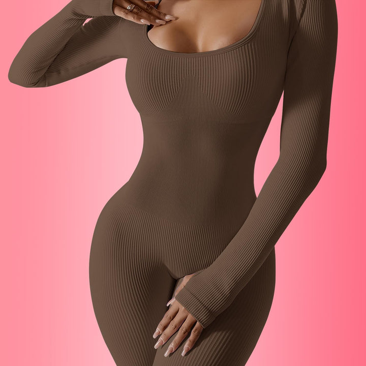 Jumpsuit Damen Sport Bodysuit Gerippte Lang Eng Yoga Bodycon Overall Stretch Langarm Strampler Sport
