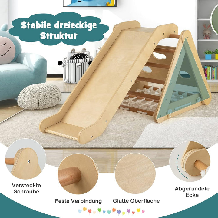 DREAMADE 4 IN 1 Kletterdreieck mit Rutsche und Kletternetz, Holzdreieck Kletterspielzeug aus Holz, I