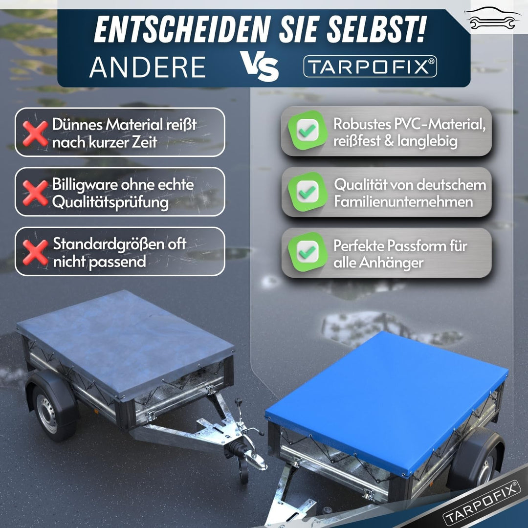 Tarpofix® Anhängerplane Flachplane 258x136x8 cm - ECHTES PVC PLANENMATERIAL - Randverstärkte Anhänge