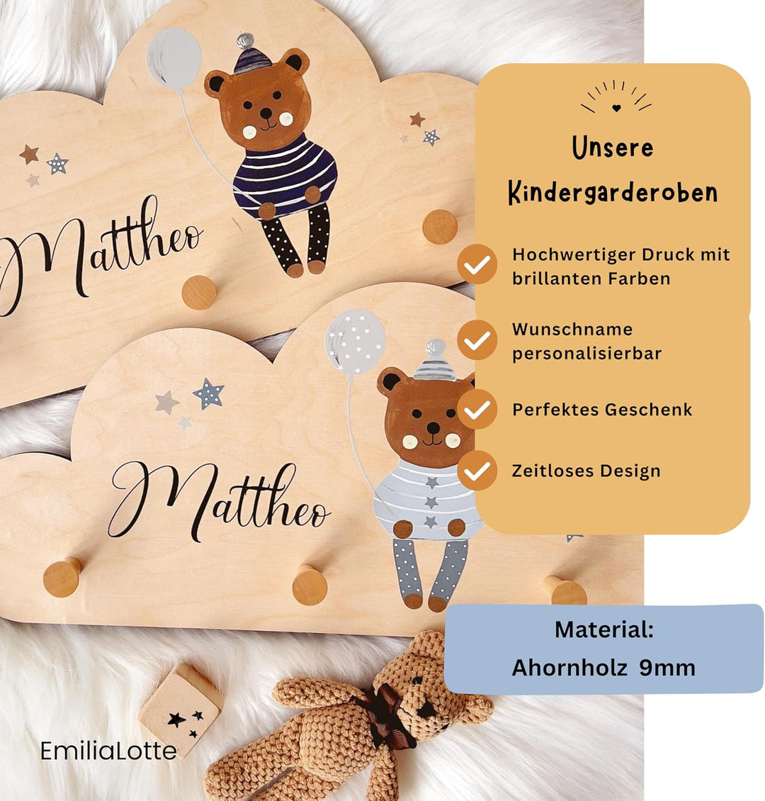 EmiliaLotte Kindergarderobe Personalisiert mit Wunschname I Garderobe Kinder aus Holz - Verschiedene