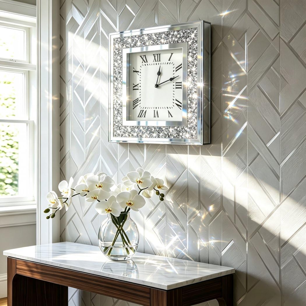 Crystal Crush Diamond Mirrored Square Wall Clock with Sparkle Twinkle Bling Diamond Decor for Wall D