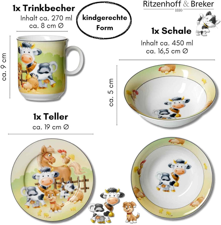 Ritzenhoff & Breker Kindergeschirr-Set Hoftiere 3-teilig mit Besteck | Teller, Schale, Becher, Gabel