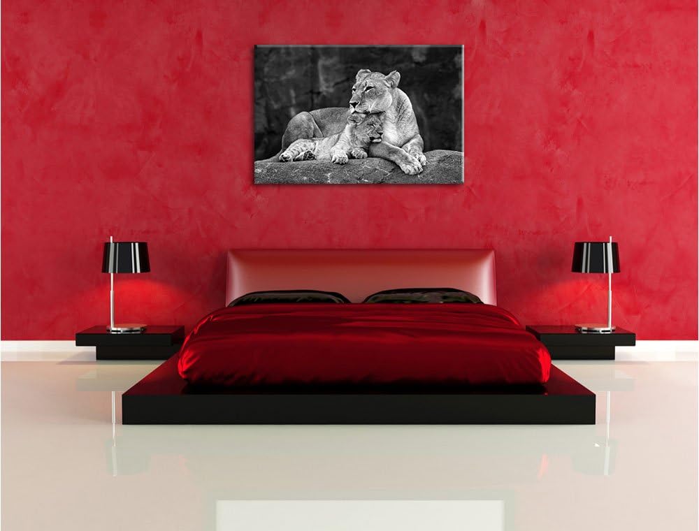 Pixxprint Löwe kuschelt mit seinem Löwenjungen Kunst B&W, Format: 100x70 auf Leinwand, XXL riesige B