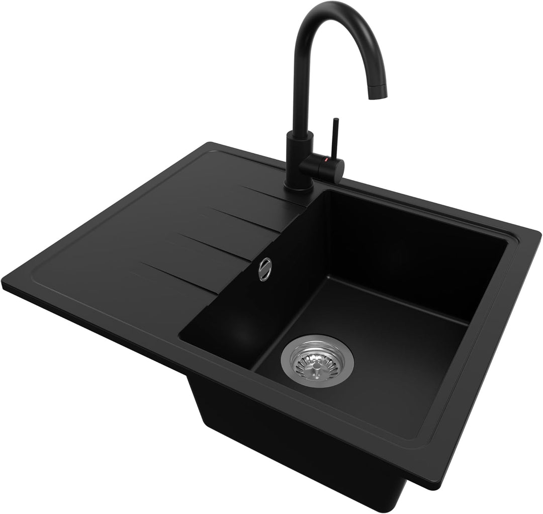 Spülbecken Schwarz 62x50 cm, Granitspüle + Ablauf-Set + Küchenarmatur 5000, Küchenspüle für 40er Unt