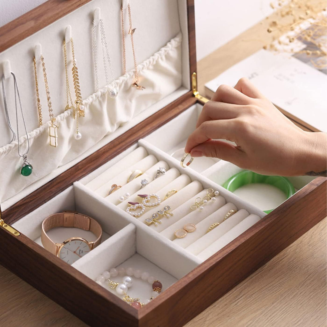 Schmuckkasten – Handgefertigtes Massivholz Retro Schmuck Box mit Schubladen Samt Innenfutter, Armbän