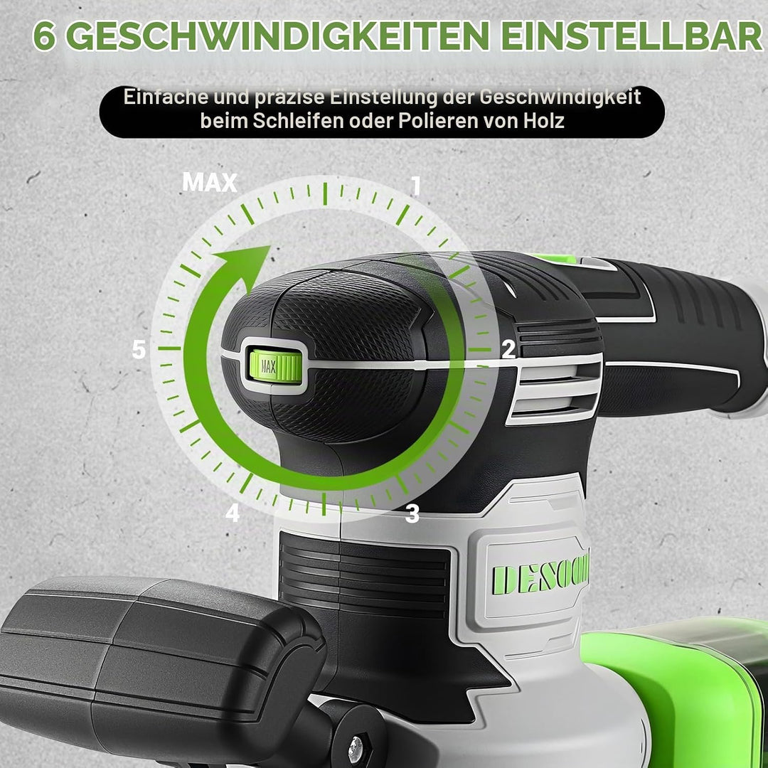 DESOON Exzenterschleifer 450W mit 31 Schleifblättern, 6 Geschwindigkeiten Max.14000 U/min, inkl. aus