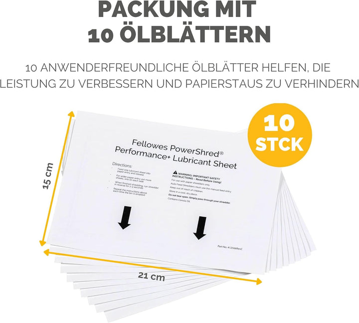 Fellowes Ölpapier für Aktenvernichter - 10 Ölblätter zur Pflege von Papierschreddern - Powershred Qu