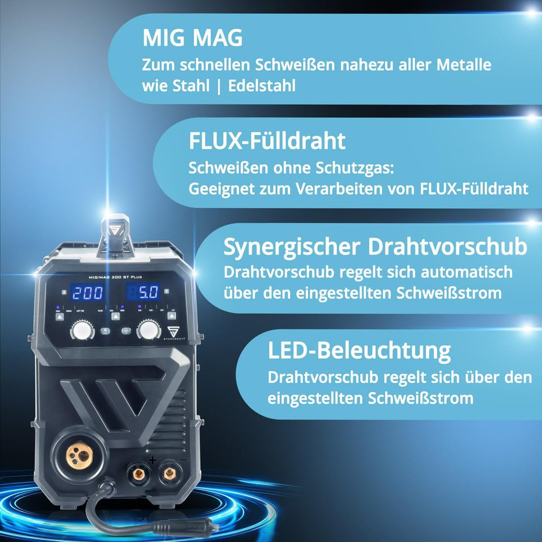 STAHLWERK Schutzgasschweissgerät MIG/MAG 200 ST – IGBT-Inverter mit 200 A und synergischem Drahtvors