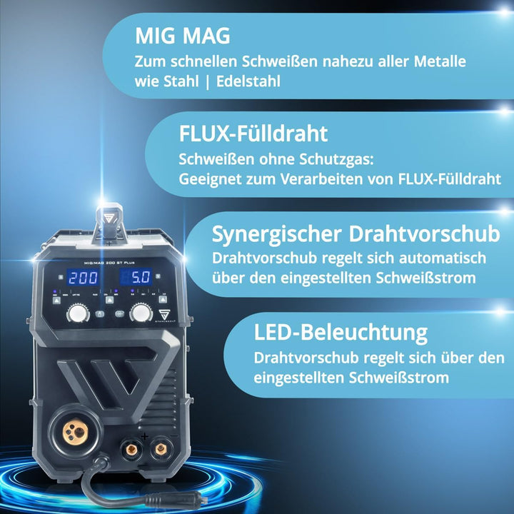 STAHLWERK Schutzgasschweissgerät MIG/MAG 200 ST – IGBT-Inverter mit 200 A und synergischem Drahtvors
