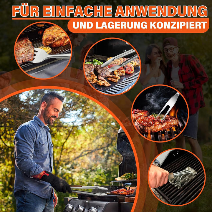 TIVOLI Grillbesteck Set 4-teilig, aus hochwertigem Edelstahl Gefertigt, mit Sicheren Holzgriffen, in