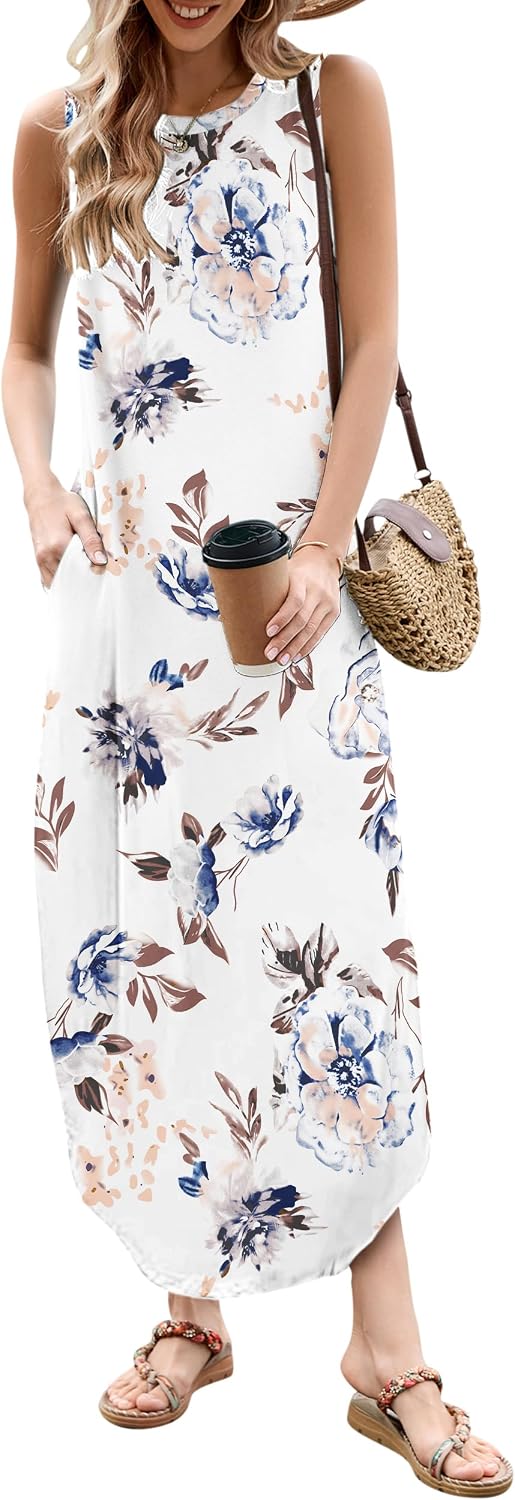 AUSELILY Maxikleider Damen Sommer Ärmellos Strandkleid Lang Sommer-Kleider Tank T-Shirt Kleid mit Ta