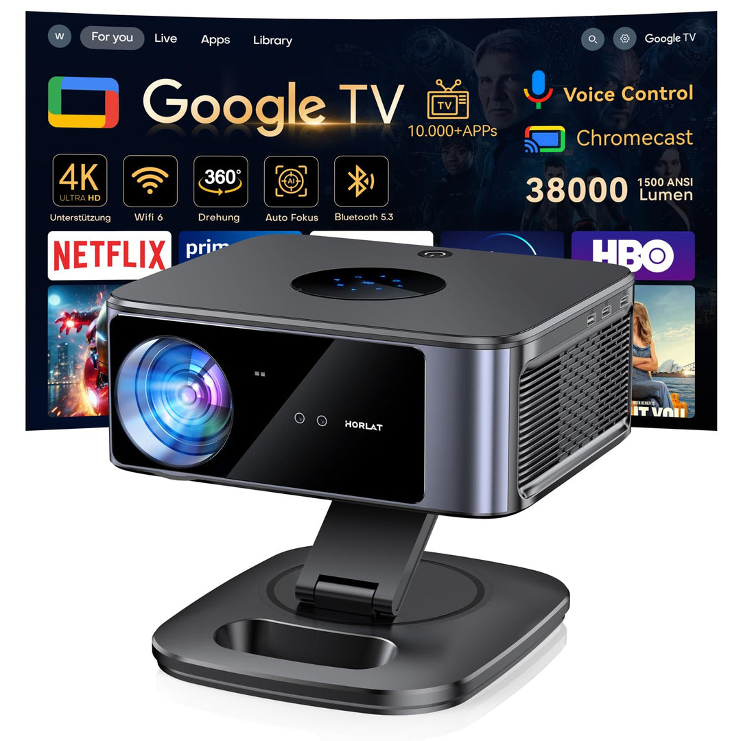 Beamer【Google TV/Autofokus & 1500 ANSI】 Full HD 1080P HORLAT Beamer 4K Heimkino mit WiFi 6, Bluetoot