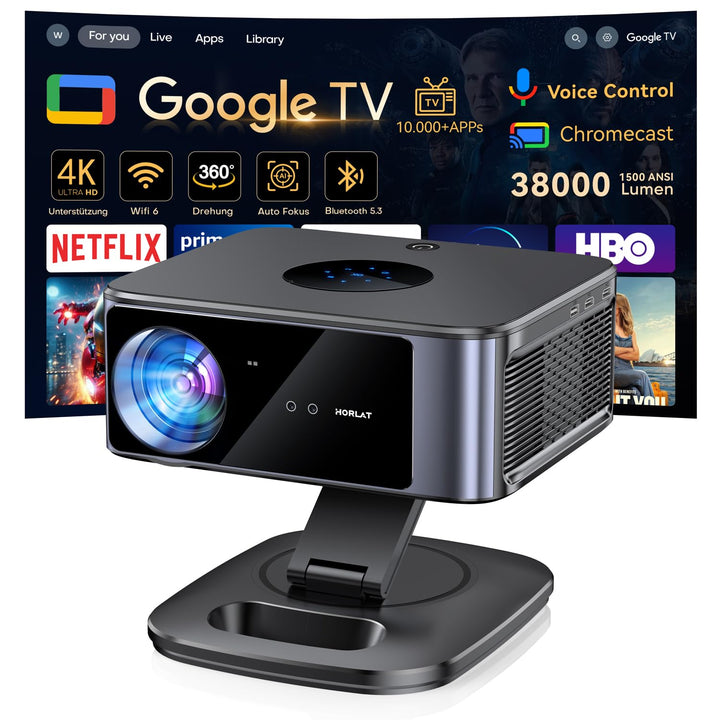 Beamer【Google TV/Autofokus & 1500 ANSI】 Full HD 1080P HORLAT Beamer 4K Heimkino mit WiFi 6, Bluetoot