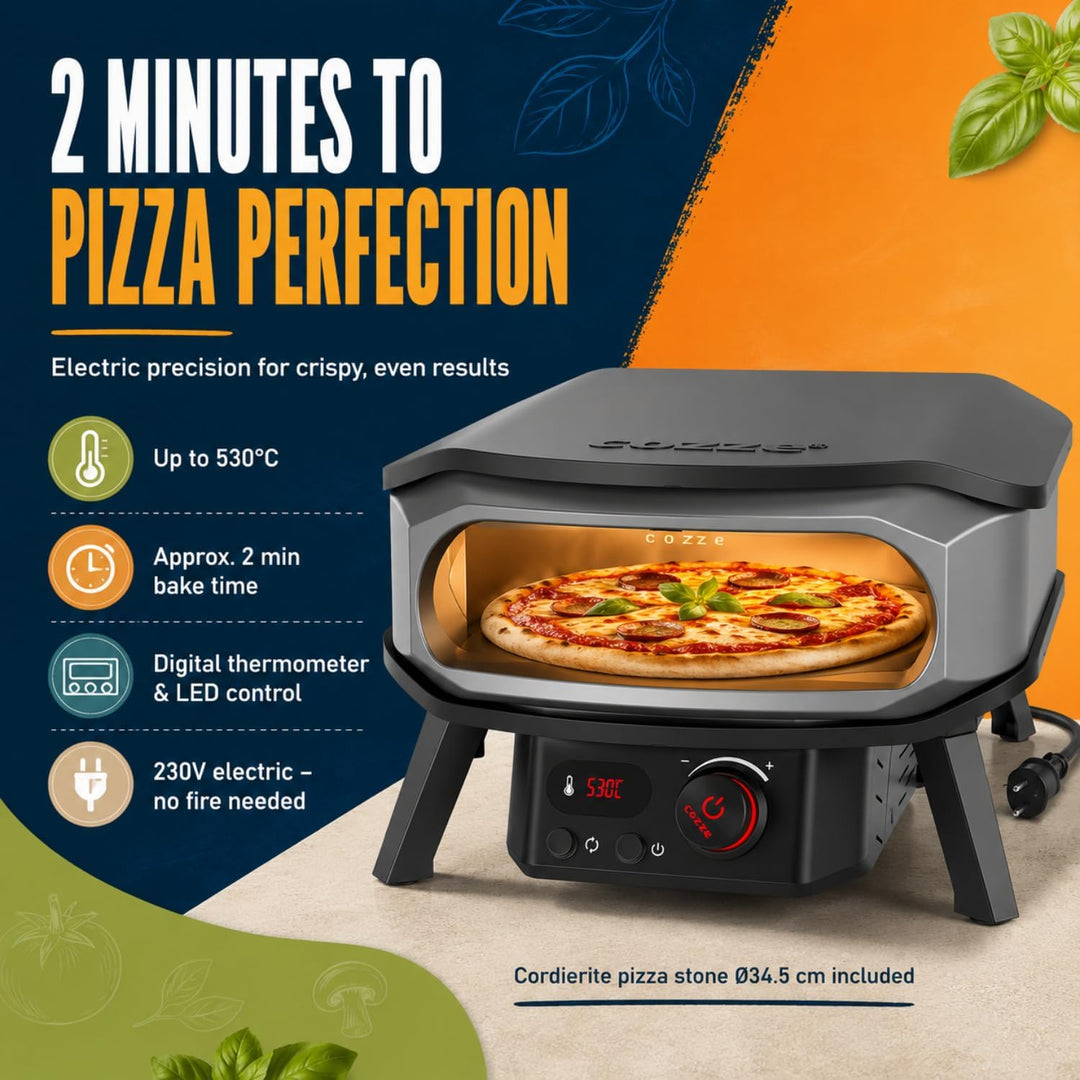 cozze® 13" PREMIUM ROTATE Pizzaofen Elektrisch mit Drehstein inkl. Regler und 2 m. Stecker – Perfekt