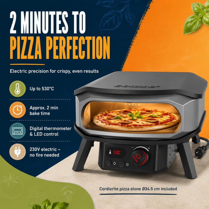 cozze® 13" PREMIUM ROTATE Pizzaofen Elektrisch mit Drehstein inkl. Regler und 2 m. Stecker – Perfekt