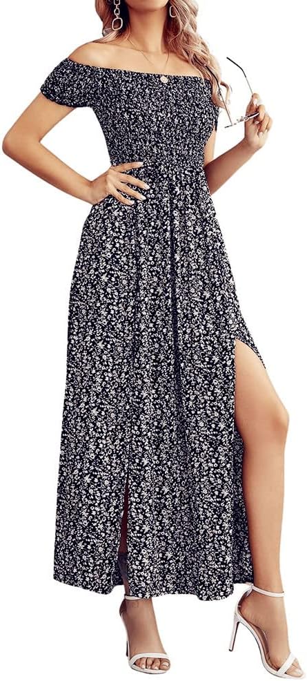 Coloody Sommerkleid Damen Lang Off Shoulder Maxikleider für Damen Blumenrock Schlitz Kleider Strandm
