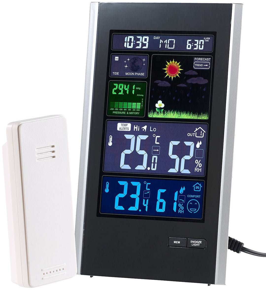 infactory Wetterstation mit Strom: Funk-Wetterstation mit Aussensensor, Wecker & USB-Ladeport (2 Amp