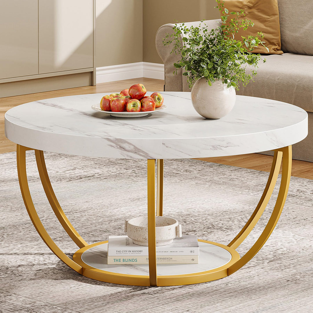 Tribesigns moderner runder Couchtisch, 2-stöckiger Couchtisch mit weissem Marmor und goldenen Metall