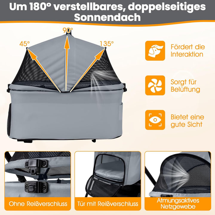 COSTWAY 3 in 1 Hundewagen, Hundebuggy mit verstellbarem Netzdach & Korb & Getränkehalter, Haustiere