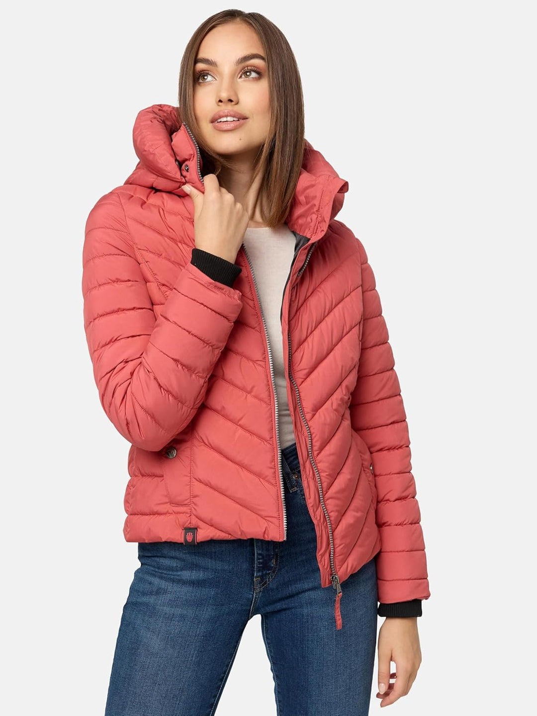 MARIKOO Damen Übergangsjacke leichte Steppjacke kurz mit abnehmbarer Kapuze Kagomee XS-XXL S Rouge,
