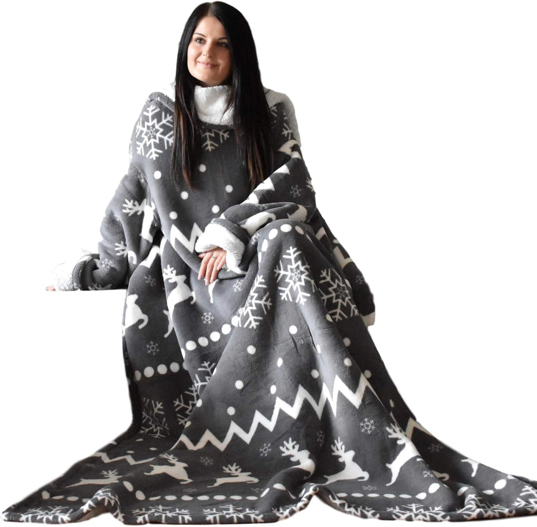 HOMELEVEL Sherpa Kuscheldecke mit Ärmeln Ärmeldecke 200cm x 150cm Dunkelgrau Norweger/Sherpa, Dunkel