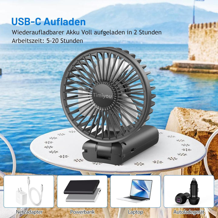 Timiyou Handventilator Mini Tragbarer USB-Lüfter mit 3000mAh Akku – Faltbar, Wiederaufladbar, 90° Ve