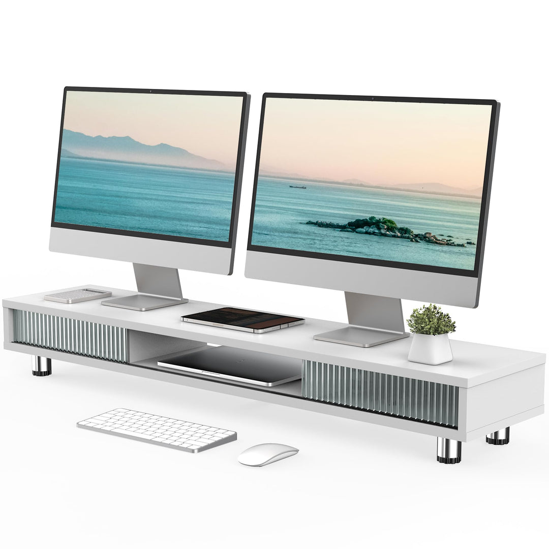 Fenge Dual Monitorständer 108cm Grosser Bildschirmständer mit 2 Glas-Schiebetür Höhenverstellbarer M