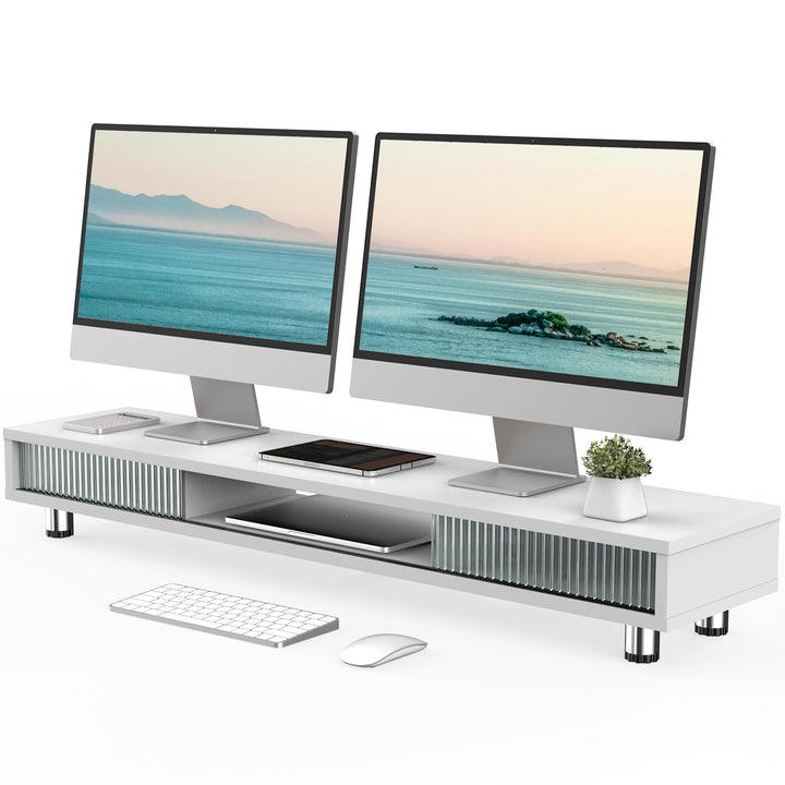 Fenge Dual Monitorständer 108cm Grosser Bildschirmständer mit 2 Glas-Schiebetür Höhenverstellbarer M