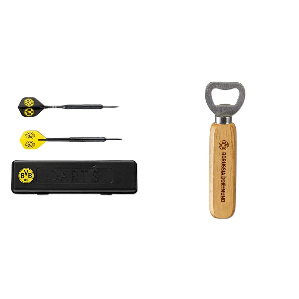 Borussia Dortmund BVB-Dartpfeile mit Aufbewahrungsbox, Schwarz/gelb Bundle mit BVB-Flaschenöffner, B