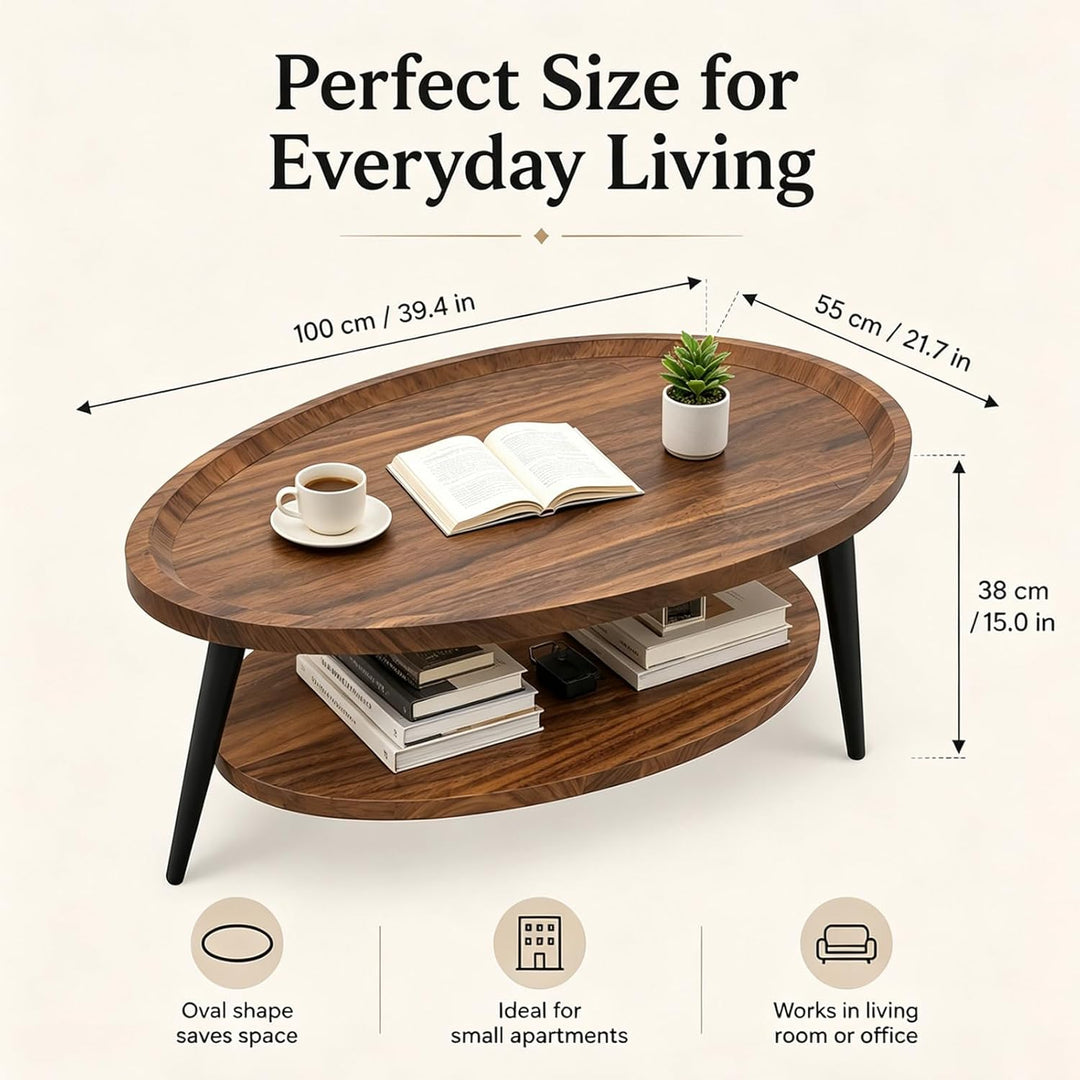 Couchtisch Oval Holz | Wohnzimmer Tisch für Couch | Wohnzimmertisch mit Stauraum | Einfacher Aufbau