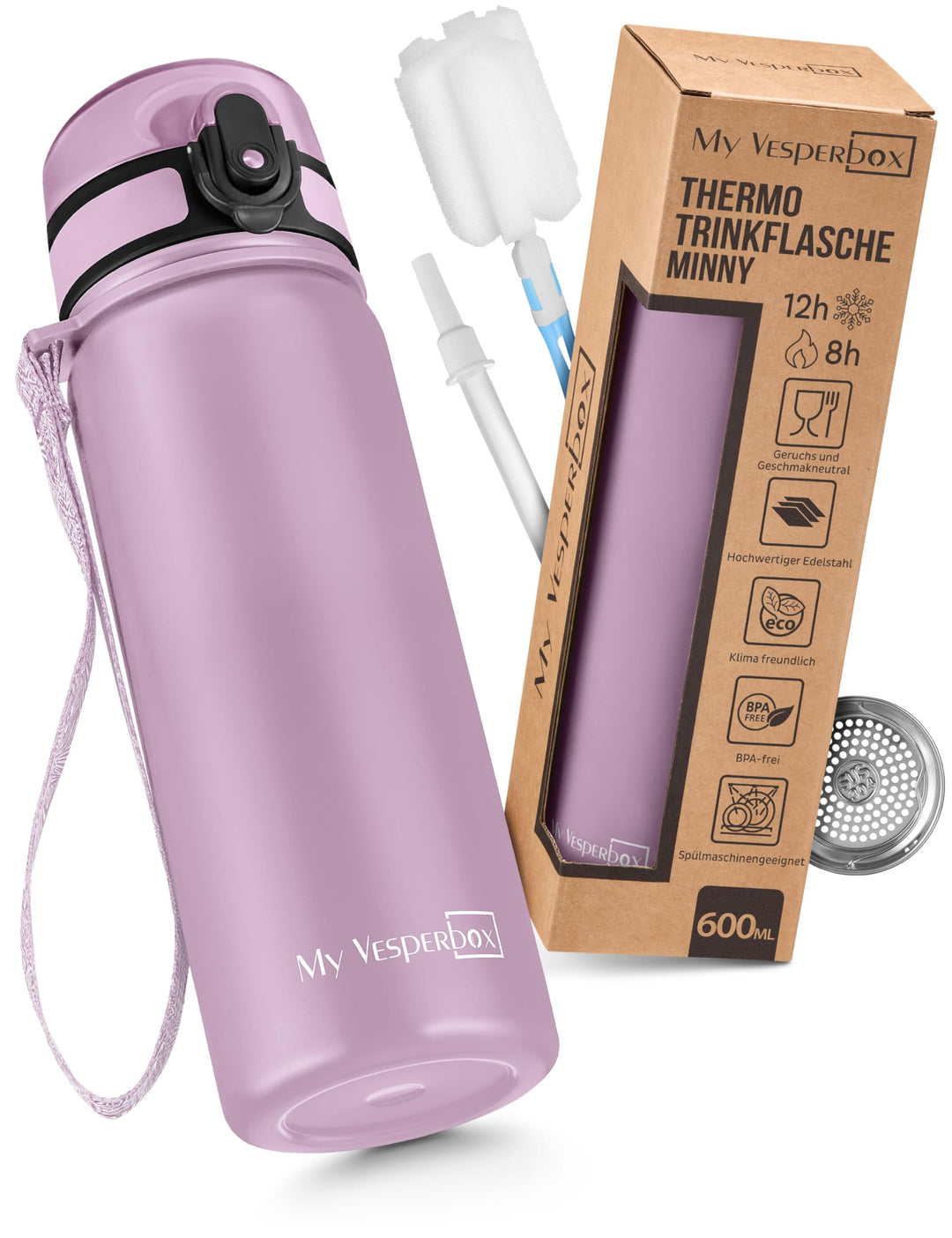 MY VESPERBOX® Edelstahl Thermosflasche Kinder [INK. STROHHALM & SIEB] - Isolierflasche für Jungen &