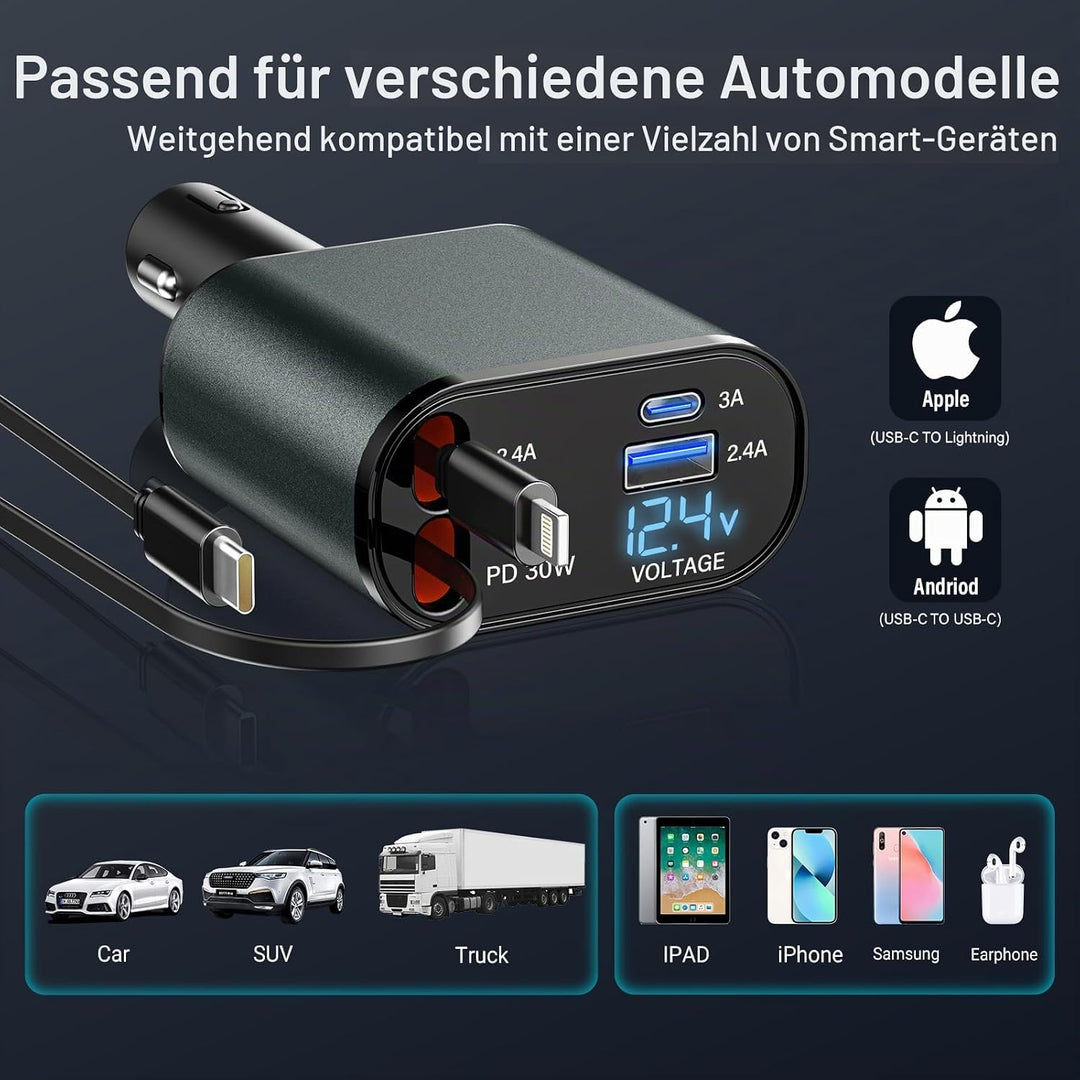 Auto Ladegerät Zigarettenanzünder USB C 4in1 56W, KFZ Ladegerät mit 2 einziehbaren Kabeln(Type C, Li