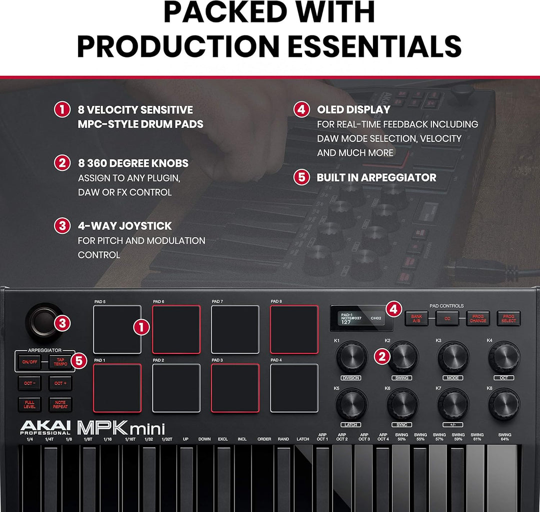 AKAI Professional Midi Controller + Sustain Pedal Bundle - MPK Mini MK3 Black USB-MIDI-Keyboard Cont