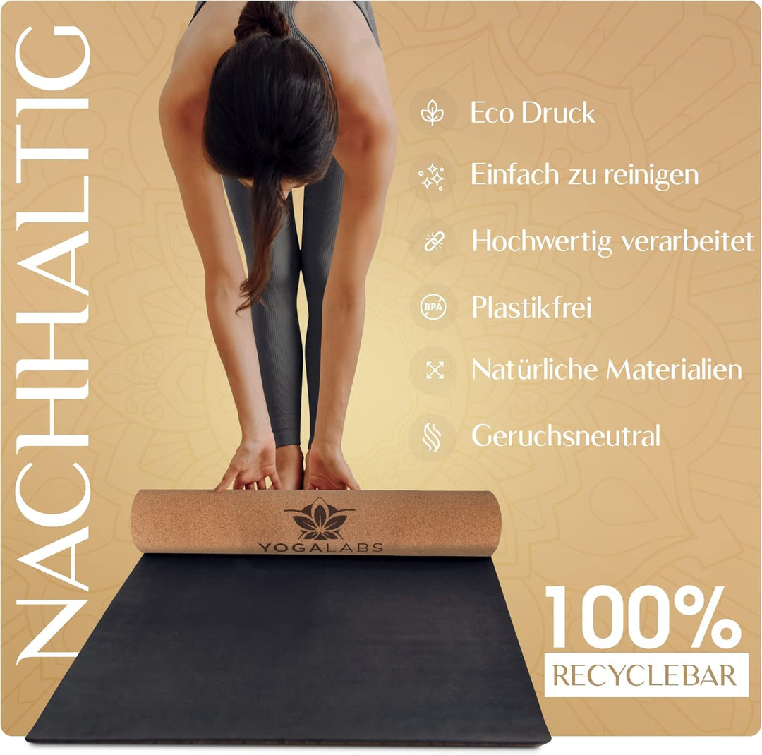 Premium 2-in-1 Yoga-Matte aus Kork & Naturkautschuk inkl. Tragegurt 183 x 61 x 0,4cm (gross) - Gymna