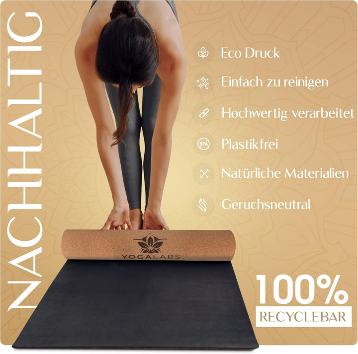 Premium 2-in-1 Yoga-Matte aus Kork & Naturkautschuk inkl. Tragegurt 183 x 61 x 0,4cm (gross) - Gymna