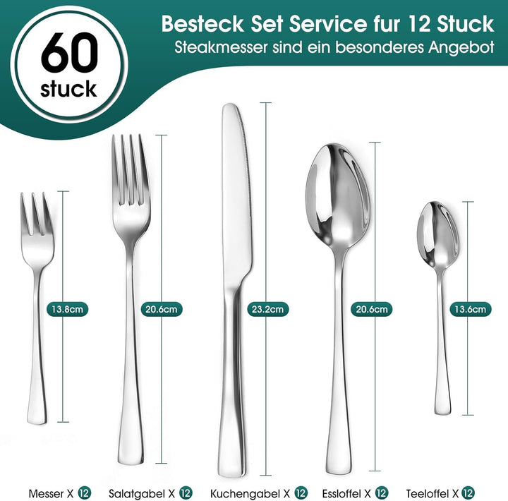 Besteckset 12 Personen,60 teilig Essbesteck Set mit Messer,Gabel,Löffel,Hochwertiges Edelstahl Spieg