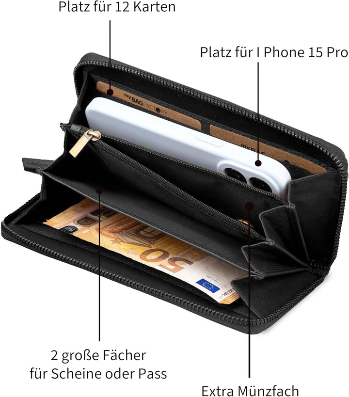 SID &amp; VAIN Geldbörse Damen mit vielen Fächern Jersey aus Premium Leder I Portemonnaie gross für Dame