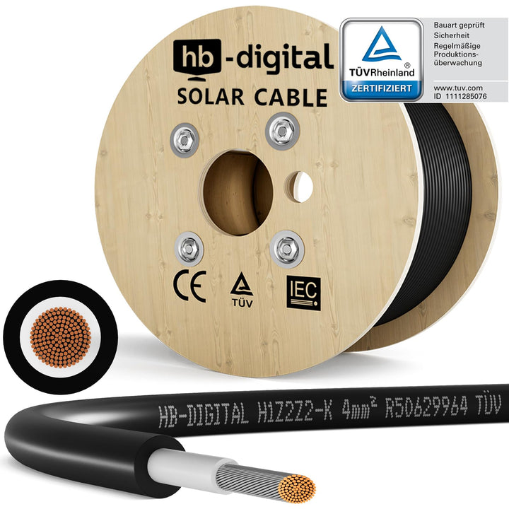 HB-DIGITAL 300m Solarkabel 4mm² H1Z2Z2-K TÜV Rheinland geprüft UV-beständig flexibel PV Kabel Reines