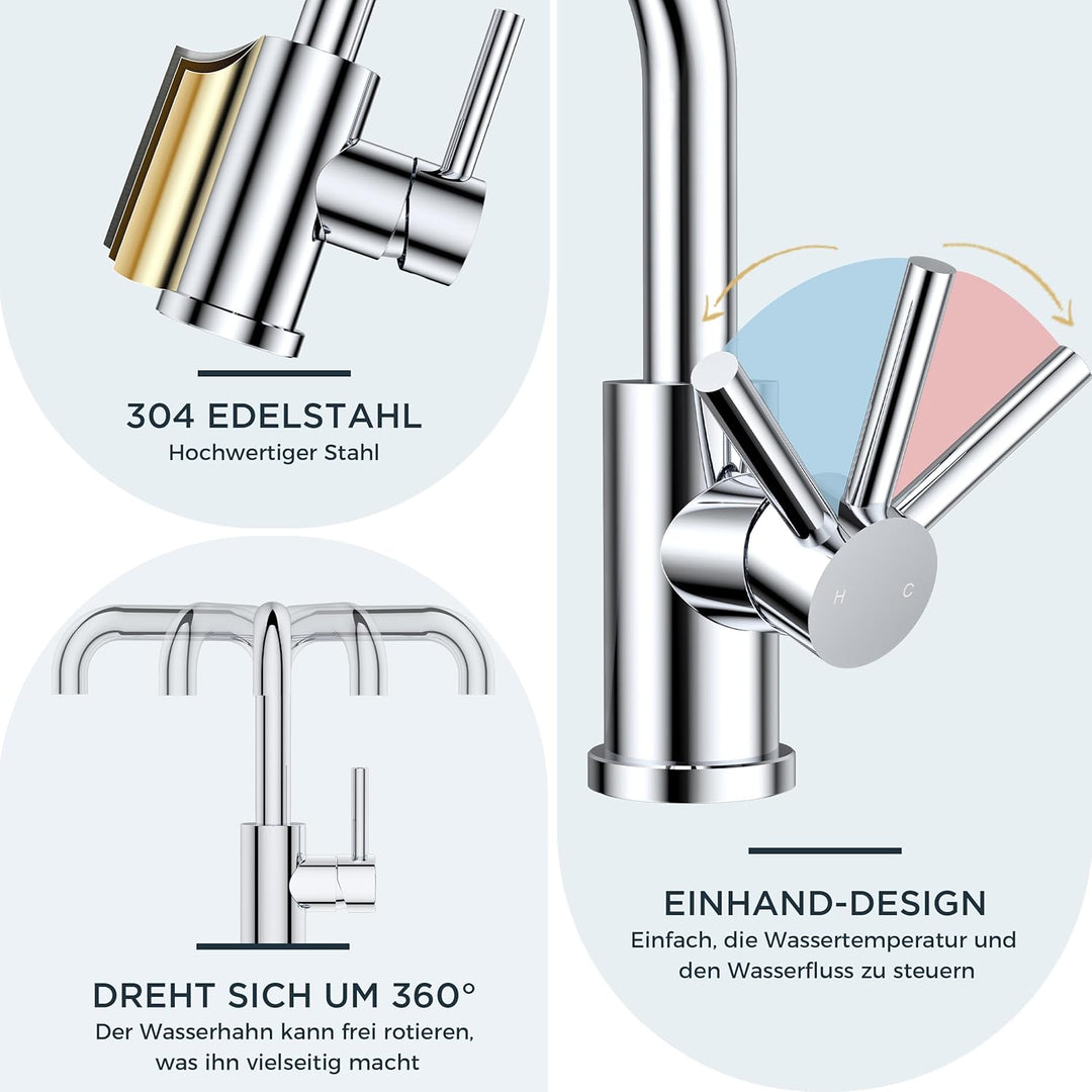 FORIOUS Wasserhahn Bad Hoch 360° Drehbar, Edelstahl Waschtischarmatur Hoch mit Warm/Kaltwasser Misch
