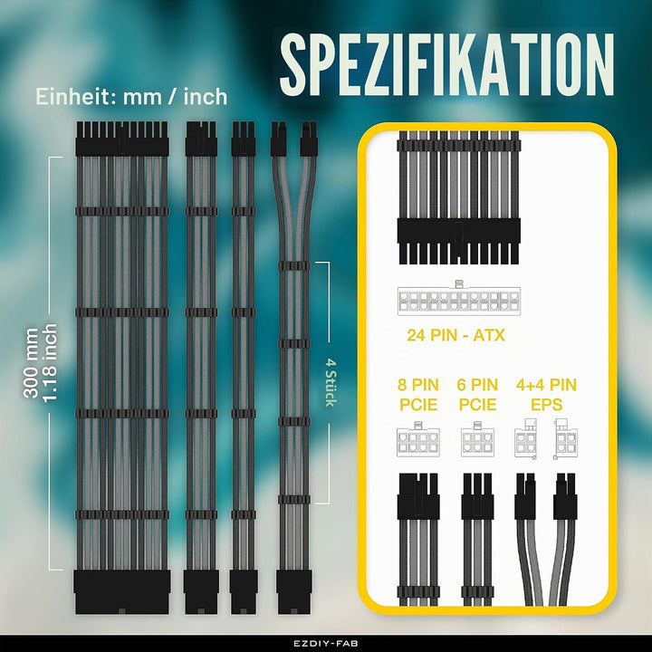 EZDIY-FAB Sleeved Cable - Kabelverlängerung für Stromversorgung mit Combs 24 Pin 8PIN 6PIN 4 + 4 Pin