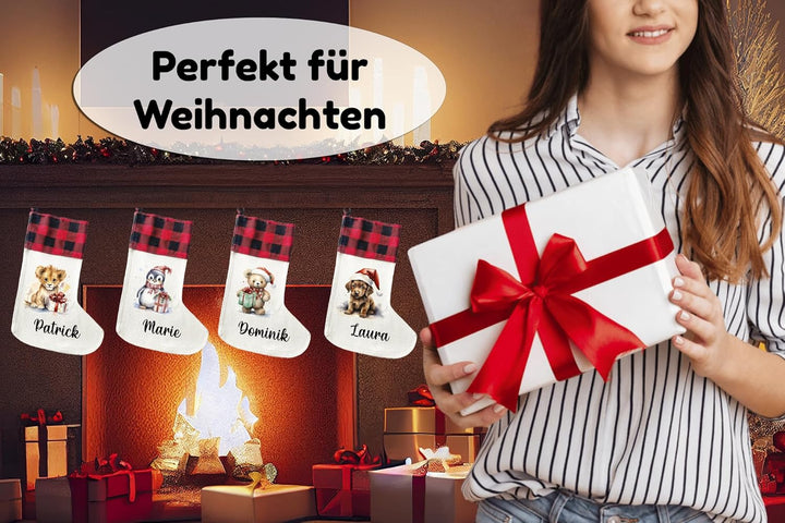 Personalisierte Weihnachtssocken mit Tieren - 40cm x 30cm - Weihnachtsstrumpf zum Nikolaus oder Weih