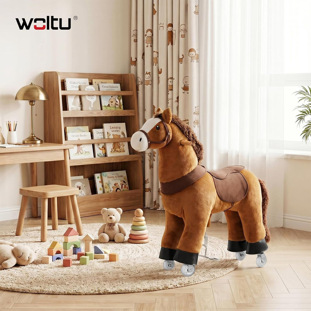 WOLTU Stehpferd auf Rollen, Reitpferd mit Klangfunktion für Kinder ab 4 Jahren, Plüschpferd zum Sitz
