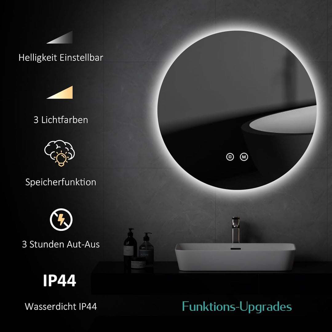 EMKE Badspiegel mit Beleuchtung rund 60cm Durchmesser Badezimmerspiegel mit 3 Lichtfarbe dimmbar, Sp