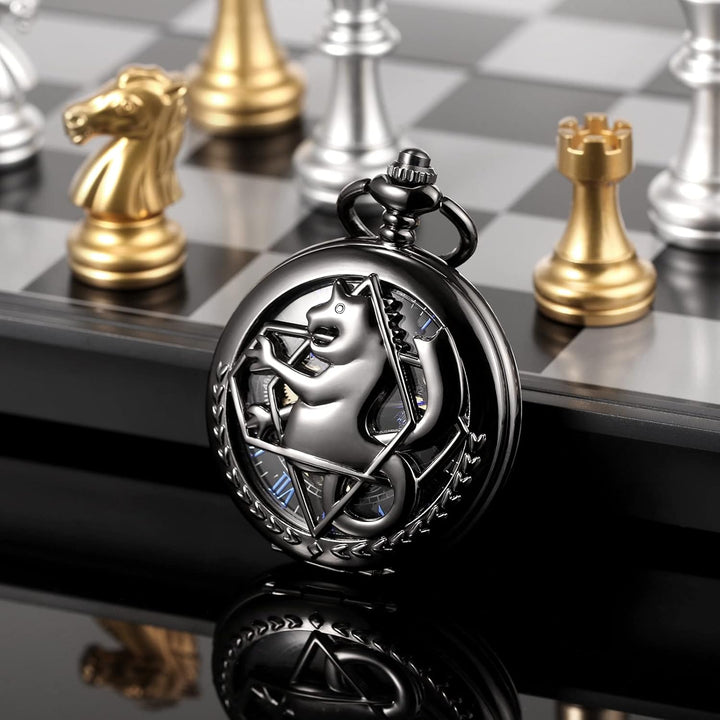 TREEWETO Fullmetal Alchemist Skeleton Steampunk Taschenuhr Mechanische Doppelabdeckung Taschenuhr mi