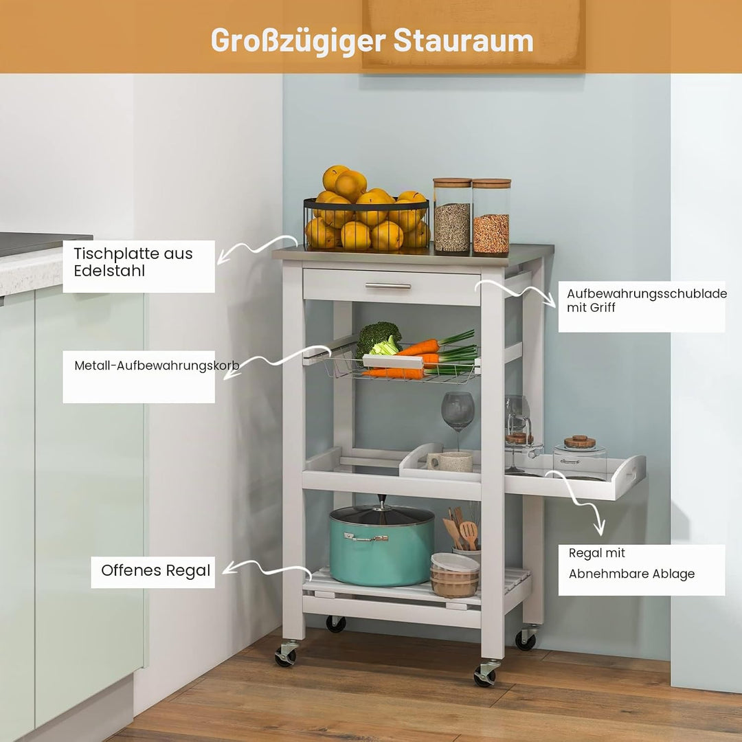 GIANTEX Küchenwagen mit Rollen, Küchenregal mit Arbeitsplatte, Servierwagen mit Schublade & Korb & T