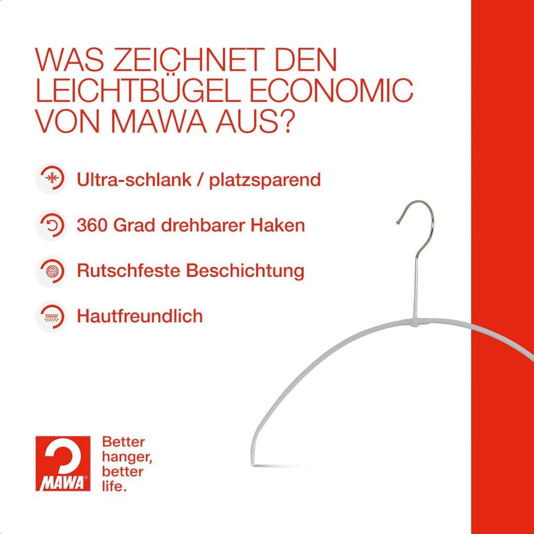 MAWA Kleiderbügel Light, Set mit 20 platzsparenden und rutschfesten Bügeln, ideal für T-Shirts, Tops