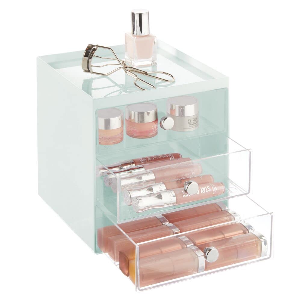 mDesign Make-up Organizer – stapelbare Aufbewahrungsbox mit 3 Schubladen für Mascara, Puder, Nagella
